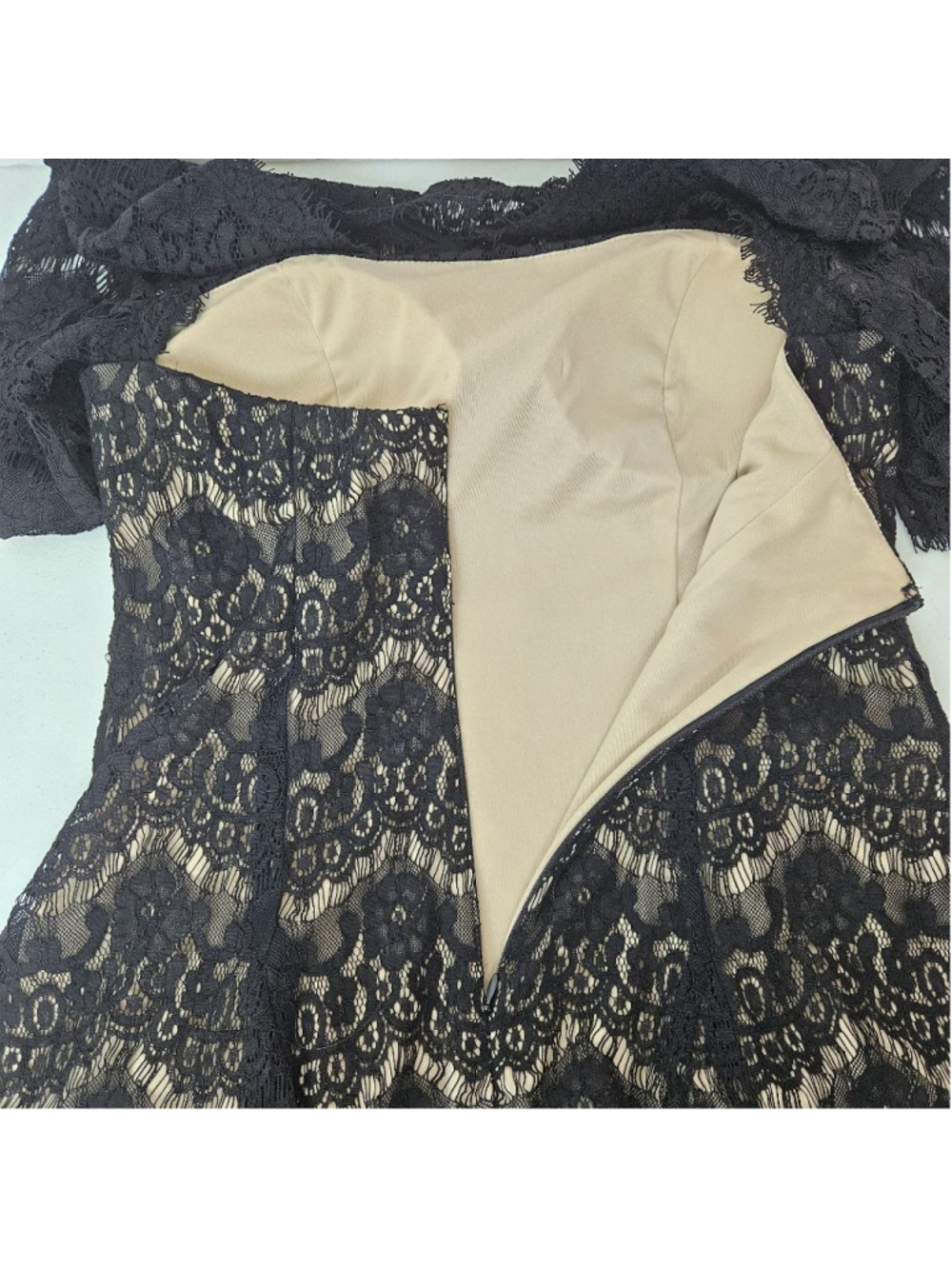 Betsy & Adam Lace Tulle Mini Dress 12P Black Tan Cocktail A-line Party - Picture 6 of 11